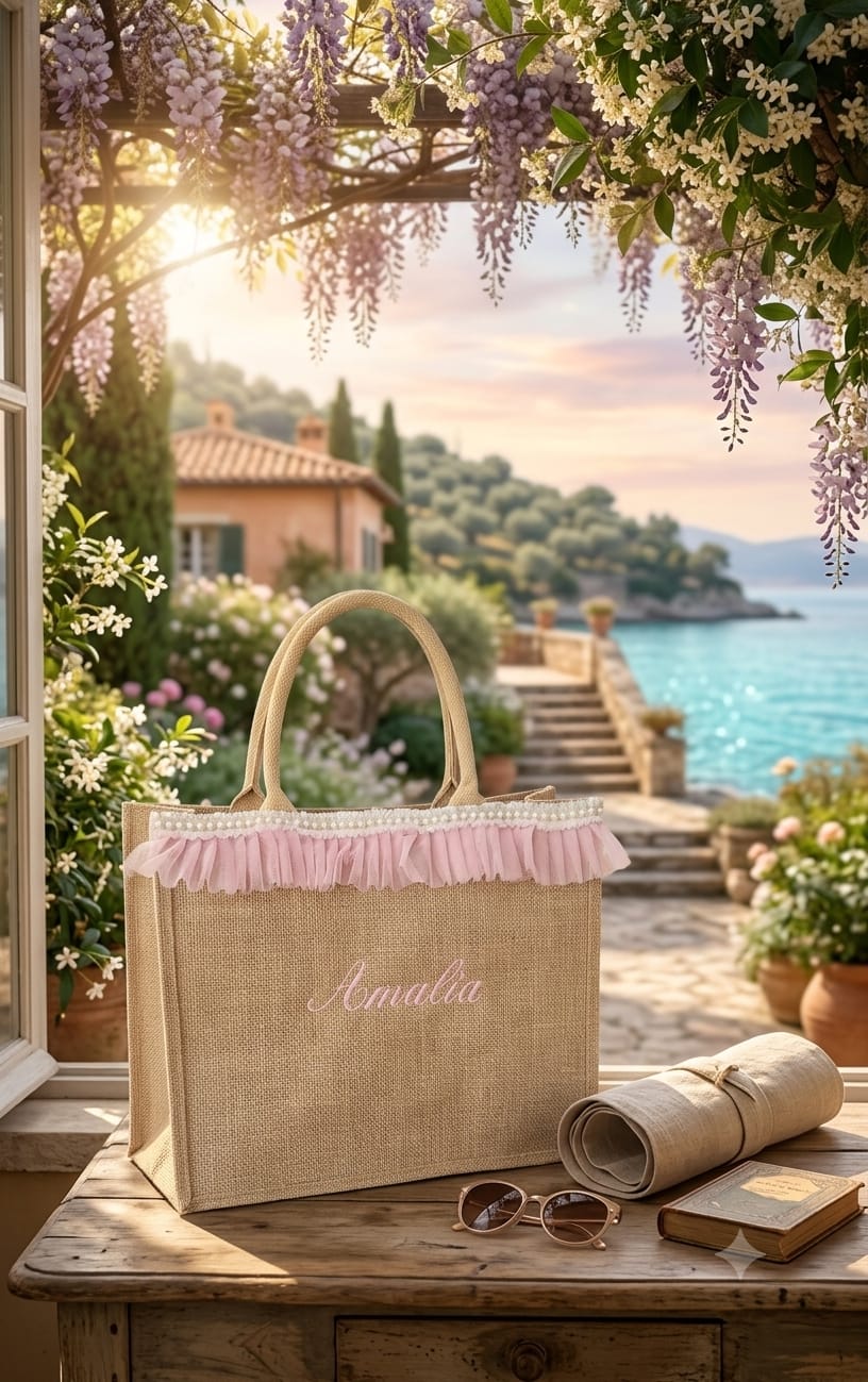 Borsa con nappa ricamata personalizzabile in jute con frange rosa e bianche e dettagli in perle